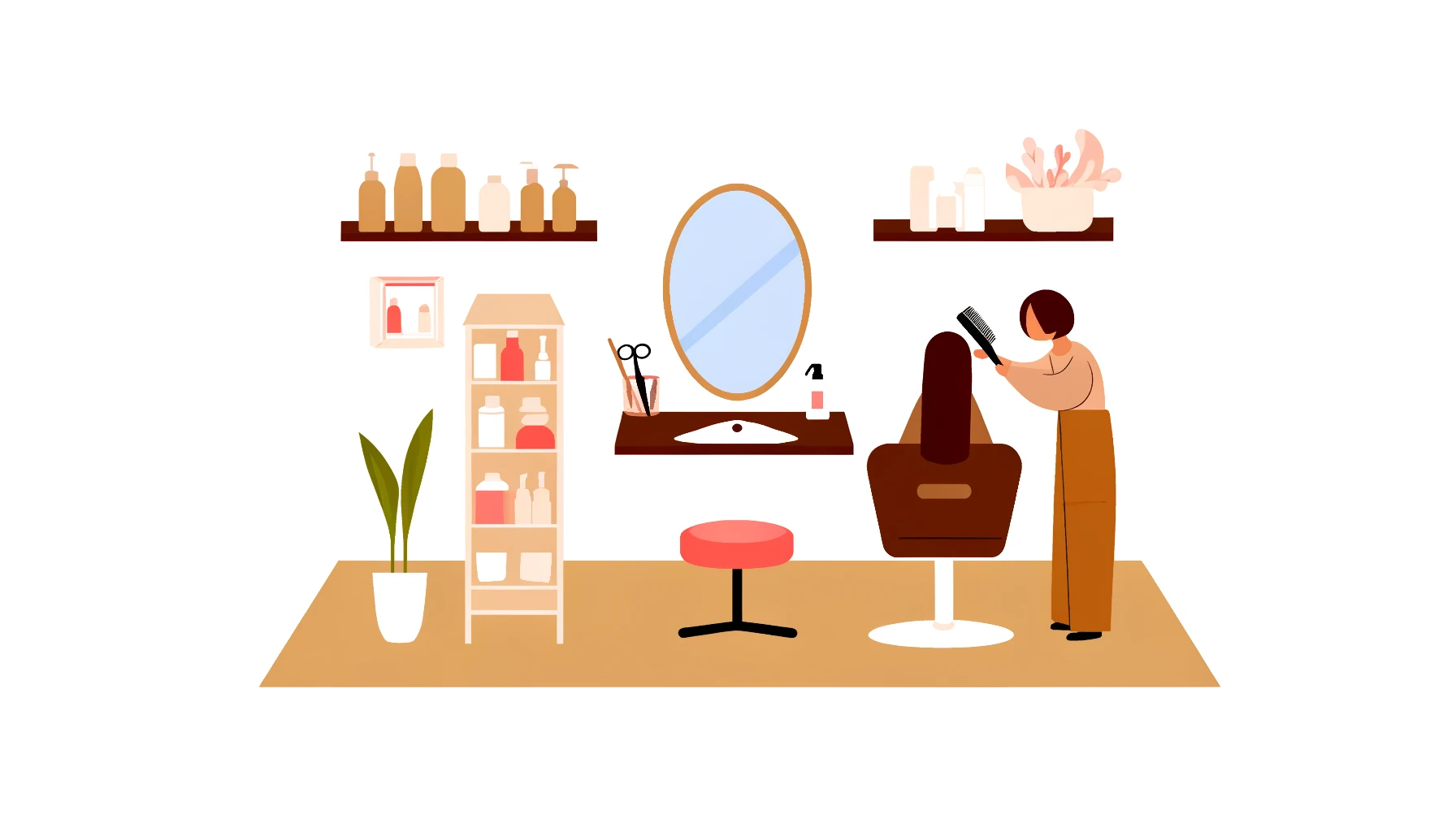 Illustration of a stylist cutting a client's hair at a salon station