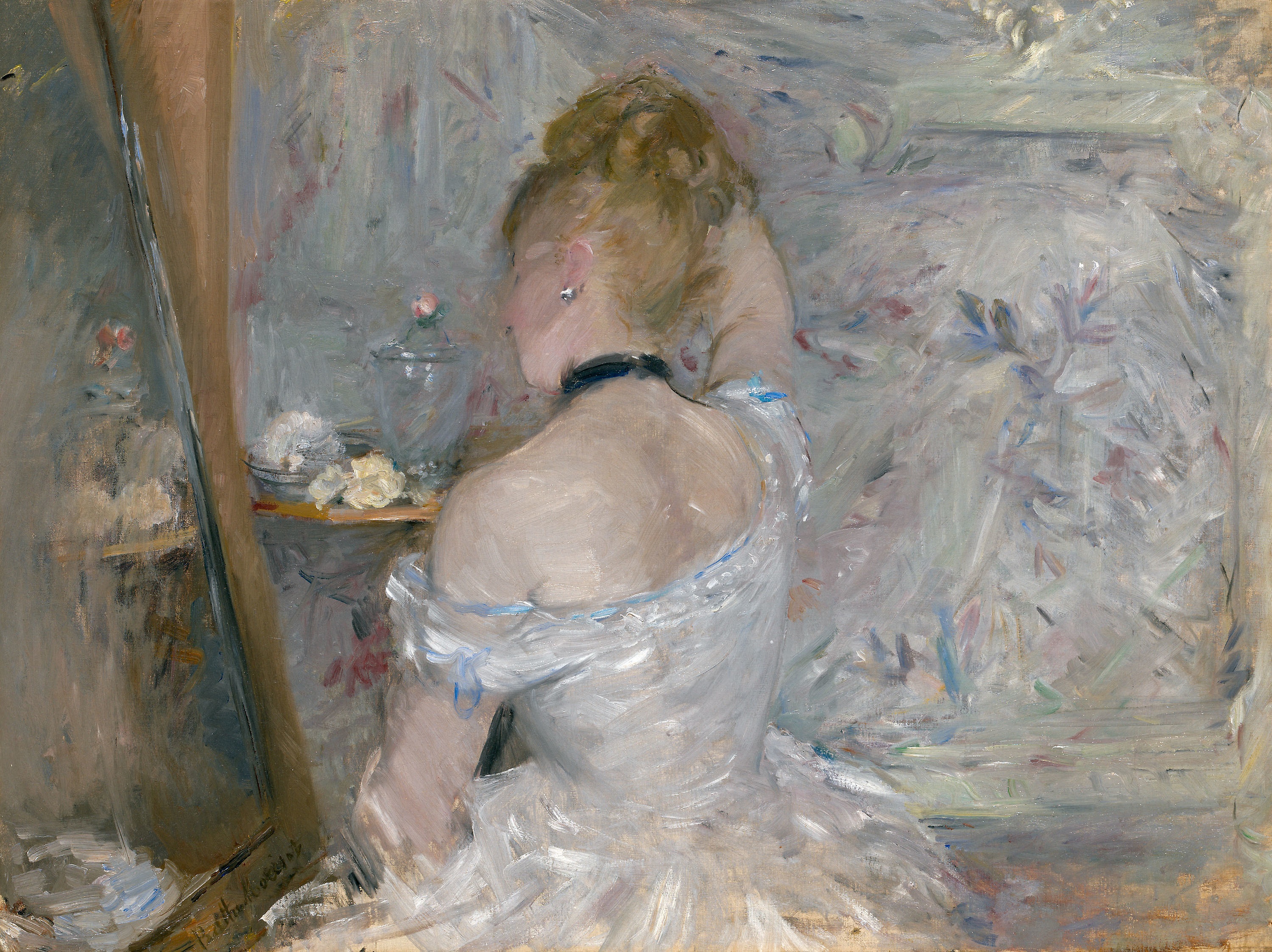 Berthe Morisot painting of a woman seen from behind seated at a dressing table beside a mirror