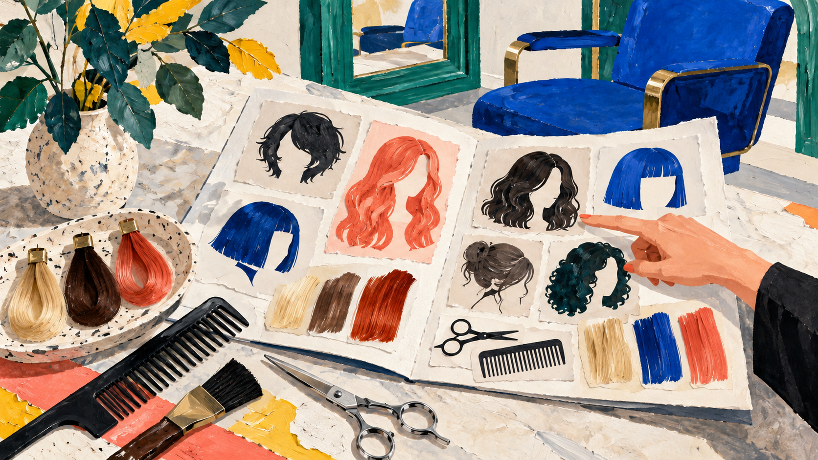 Painted collage of an open salon service booklet with hairstyle silhouettes, color swatches, scissors, and a hand pointing to a choice